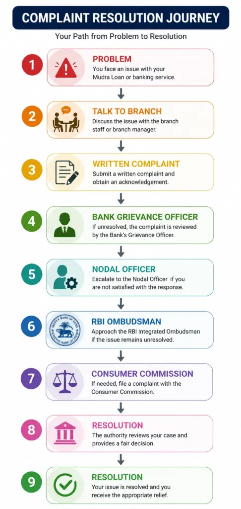 Complaint Resolution Journey infographic showing the step-by-step Mudra Loan complaint process from bank branch to RBI Ombudsman, Consumer Commission, and final resolution.