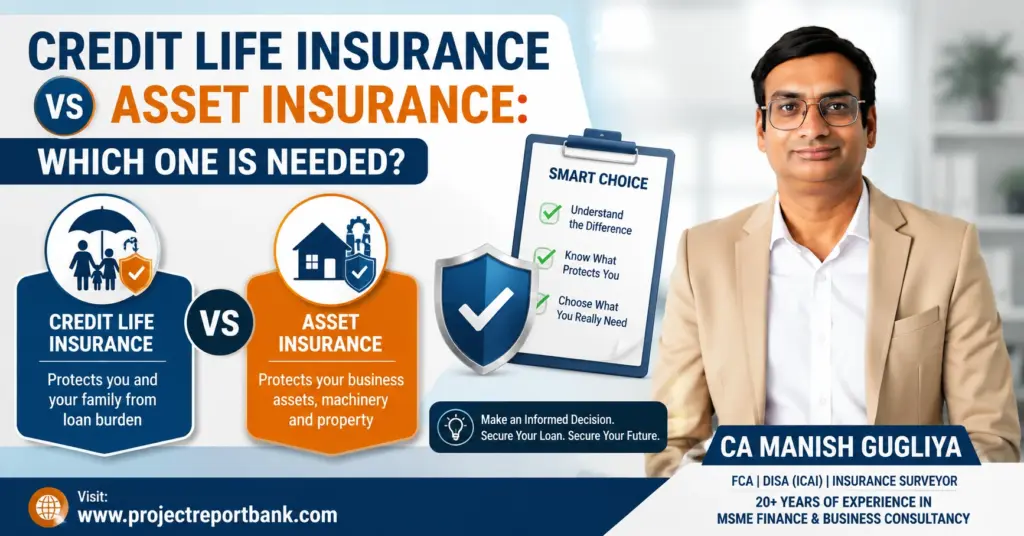 Credit Life Insurance vs Asset Insurance comparison guide by CA Manish Gugliya for Mudra Loan borrowers and MSMEs