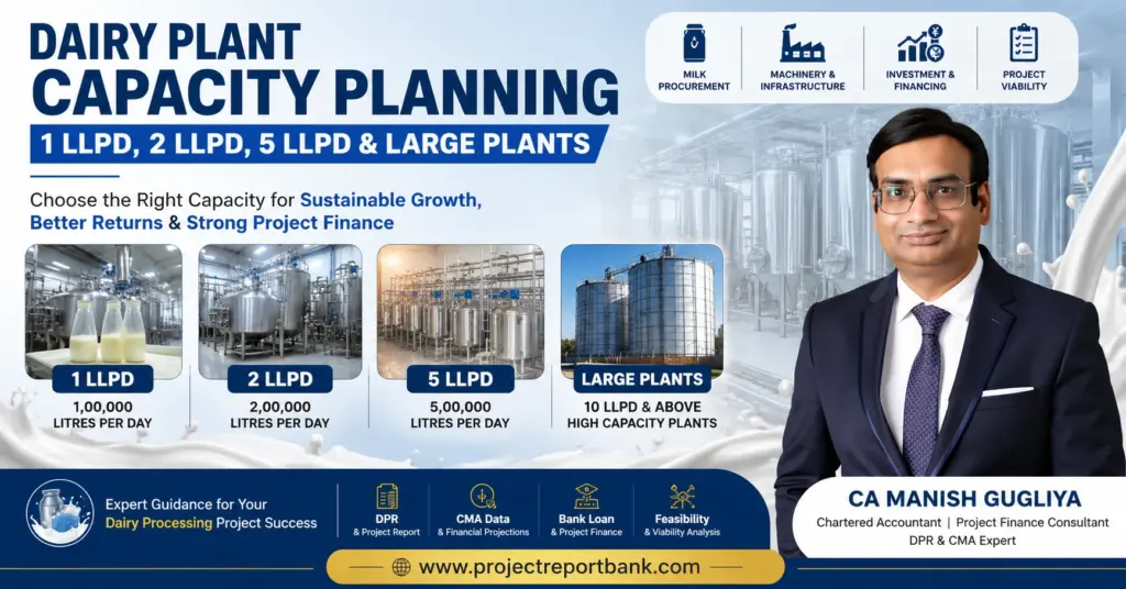 Dairy Plant Capacity Planning for 1 LLPD, 2 LLPD, 5 LLPD and large dairy processing plants with CA Manish Gugliya.