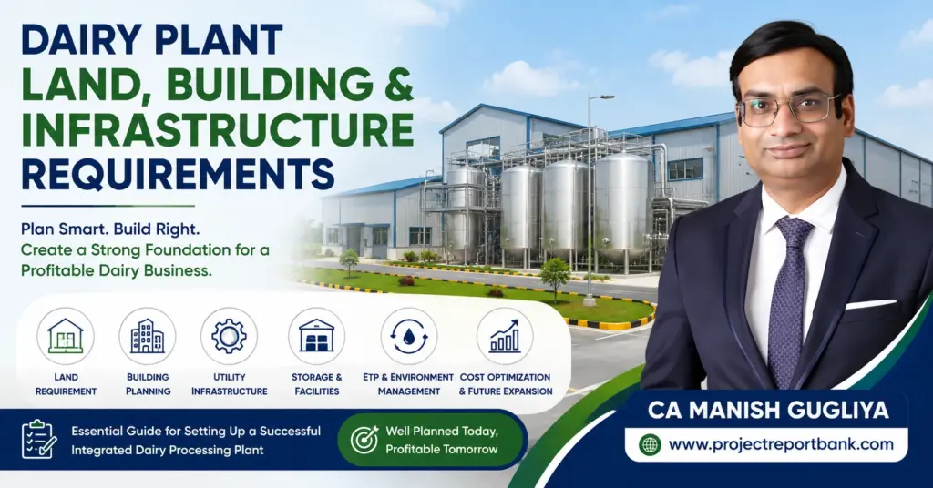 Dairy plant land, building and infrastructure requirements in India with integrated milk processing facility – CA Manish Gugliya, ProjectReportBank.com.