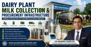 Dairy plant milk collection and procurement infrastructure showing milk collection centre, BMC chilling, milk tanker, quality testing equipment, farmer network and CA Manish Gugliya.