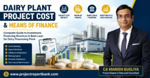 Dairy Plant Project Cost & Means of Finance guide showing dairy processing plant, investment, bank loan, machinery, working capital and CA Manish Gugliya.