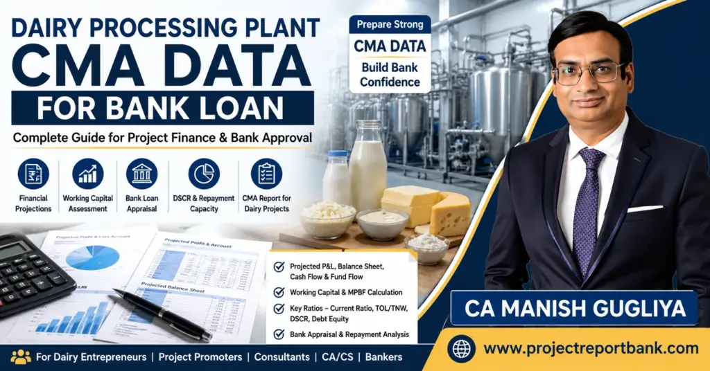 Dairy Processing Plant CMA Data for Bank Loan guide featuring financial projections, working capital assessment, DSCR, bank appraisal and CA Manish Gugliya.