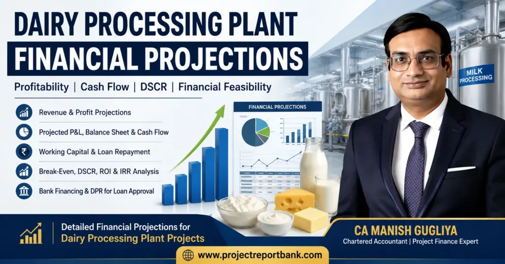 Dairy Processing Plant Financial Projections covering profitability, cash flow, DSCR, ROI, IRR and financial feasibility by CA Manish Gugliya.