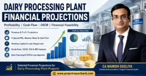 Dairy Processing Plant Financial Projections covering profitability, cash flow, DSCR, ROI, IRR and financial feasibility by CA Manish Gugliya.