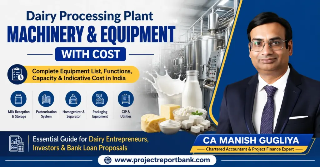 Dairy processing plant machinery and equipment with cost in India, featuring milk processing equipment and CA Manish Gugliya.