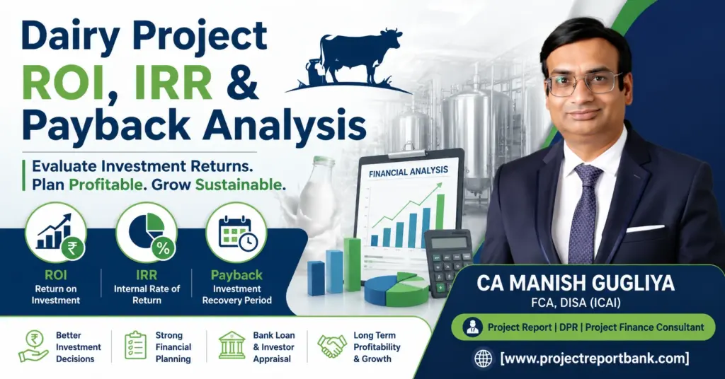 Dairy Project ROI, IRR and Payback Analysis with CA Manish Gugliya, covering investment returns, financial planning and dairy project profitability.