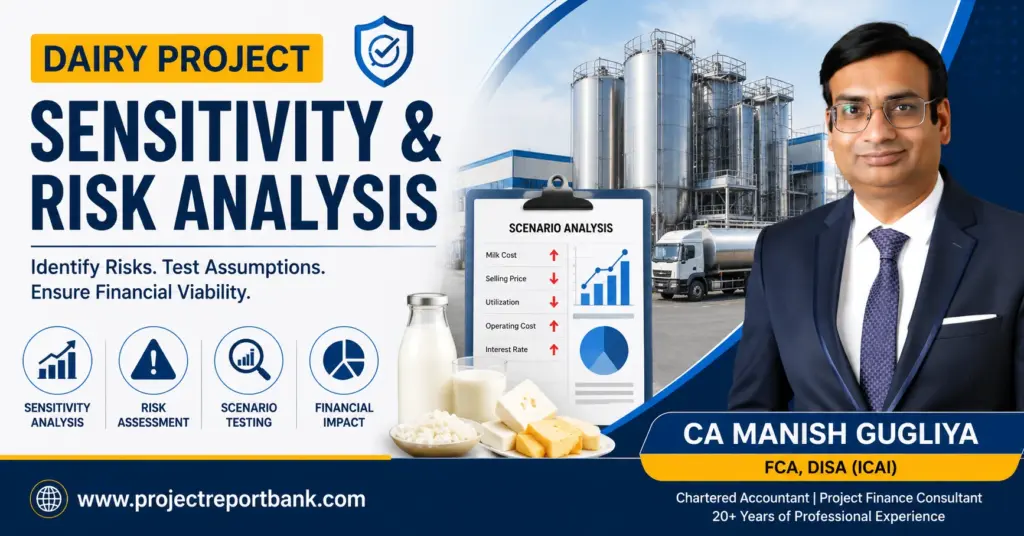 Dairy Project Sensitivity & Risk Analysis covering financial risks, scenario testing and project viability by CA Manish Gugliya, ProjectReportBank.com.