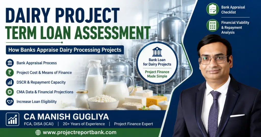 Dairy Project Term Loan Assessment and bank appraisal guide for dairy processing projects by CA Manish Gugliya, ProjectReportBank.com.