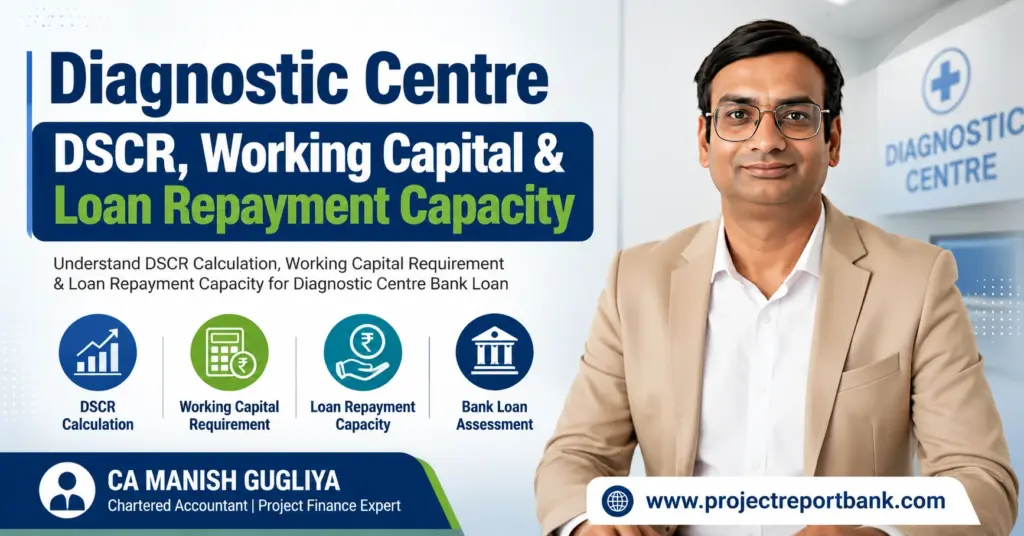 Diagnostic Centre DSCR, working capital and loan repayment capacity guide by CA Manish Gugliya for bank loan assessment.