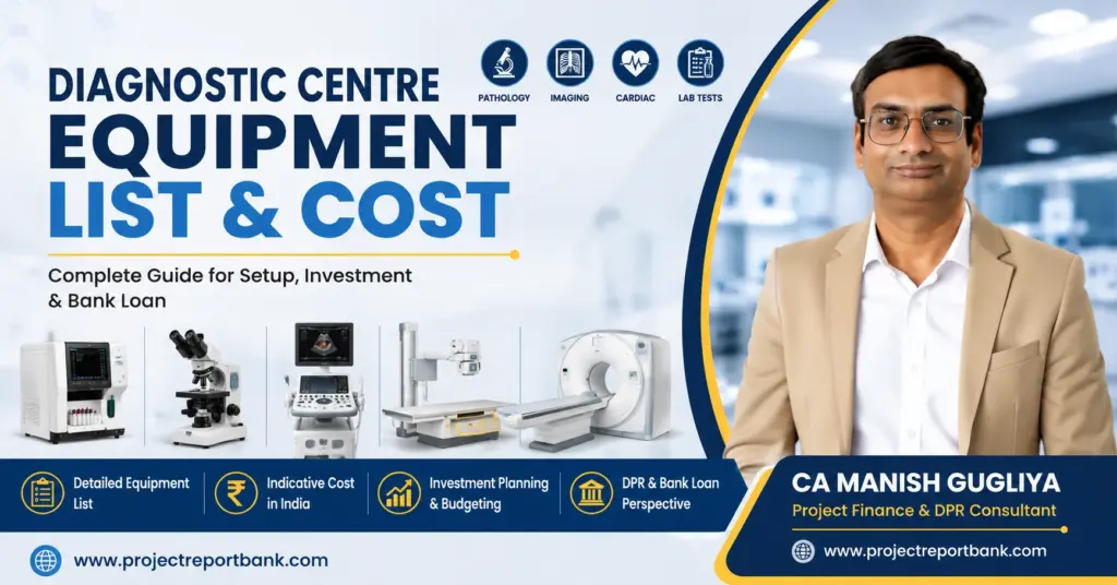 Diagnostic Centre Equipment List & Cost in India – pathology, imaging and lab equipment guide by CA Manish Gugliya, ProjectReportBank.com.