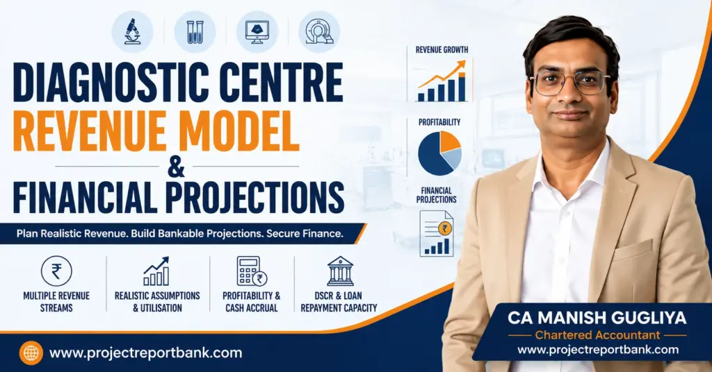 Diagnostic Centre Revenue Model and Financial Projections for bankable DPR and loan planning by CA Manish Gugliya, ProjectReportBank.com.