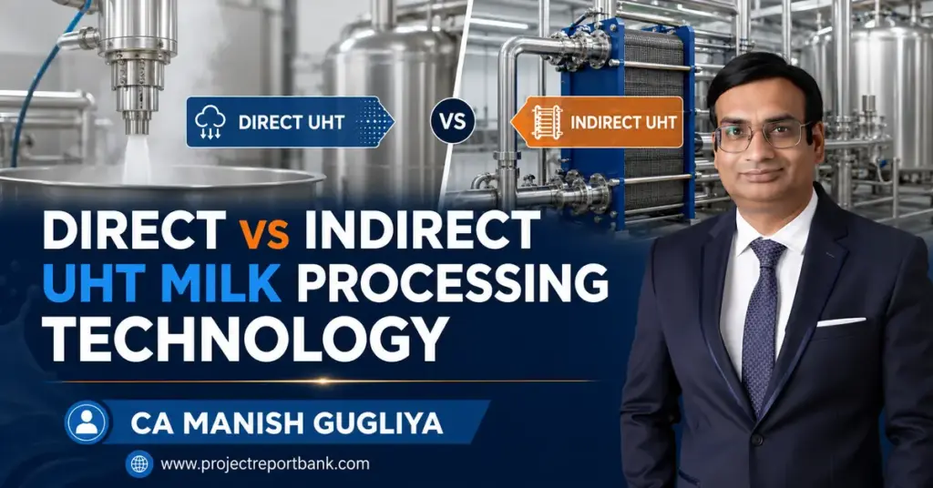 Direct vs indirect UHT milk processing technology comparison featuring dairy plant equipment and CA Manish Gugliya.