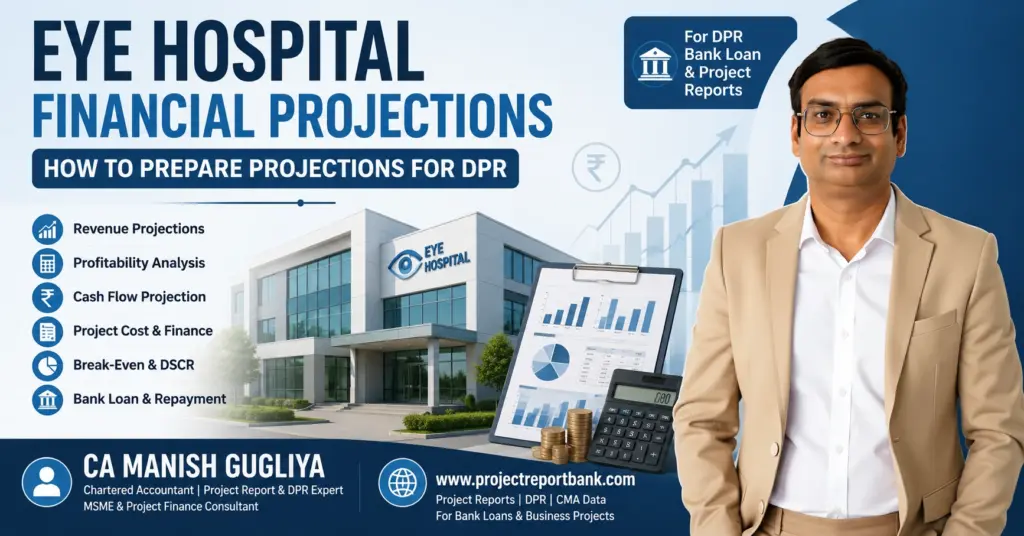 Eye Hospital Financial Projections for DPR showing revenue, profitability, cash flow, project cost, DSCR and bank loan planning by CA Manish Gugliya.