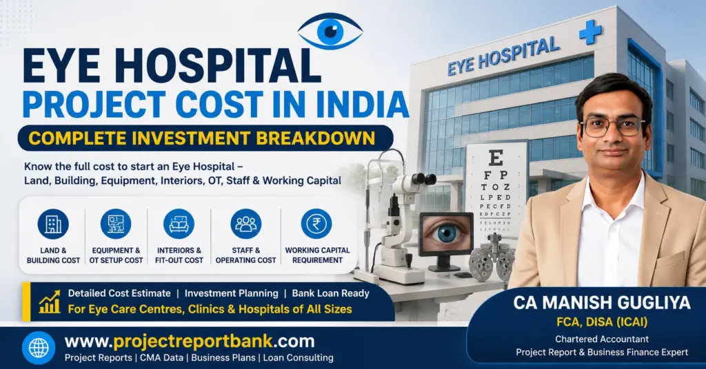 Eye Hospital Project Cost in India – complete investment breakdown for building, equipment, OT setup, interiors, staff and working capital by CA Manish Gugliya.
