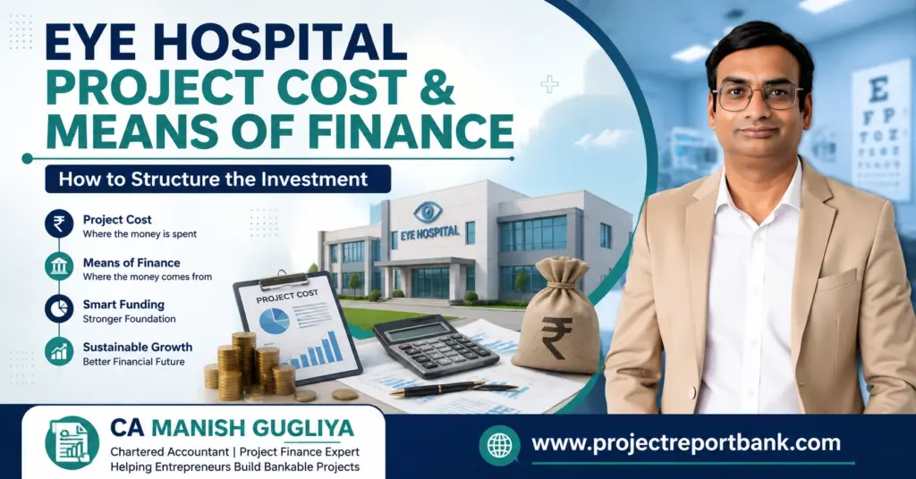 Eye Hospital Project Cost and Means of Finance guide by CA Manish Gugliya showing hospital investment, funding and financial planning.