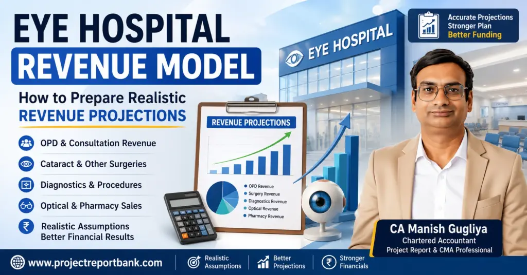 Eye Hospital Revenue Model showing realistic revenue projections for OPD consultations, cataract surgeries, diagnostics, optical and pharmacy sales by CA Manish Gugliya.