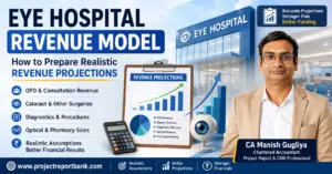 Eye Hospital Revenue Model showing realistic revenue projections for OPD consultations, cataract surgeries, diagnostics, optical and pharmacy sales by CA Manish Gugliya.