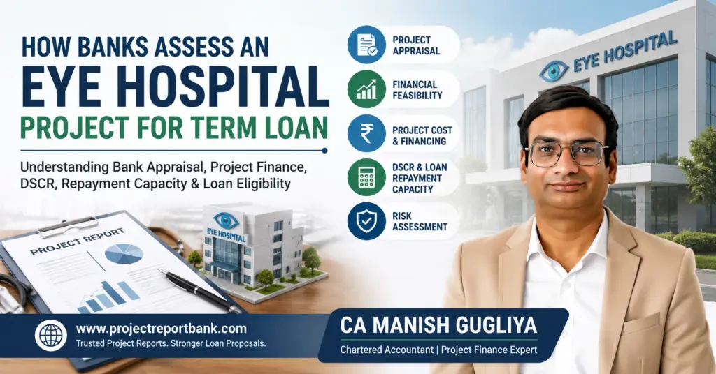 How banks assess an Eye Hospital project for term loan, covering project appraisal, financial feasibility, DSCR and repayment capacity by CA Manish Gugliya.