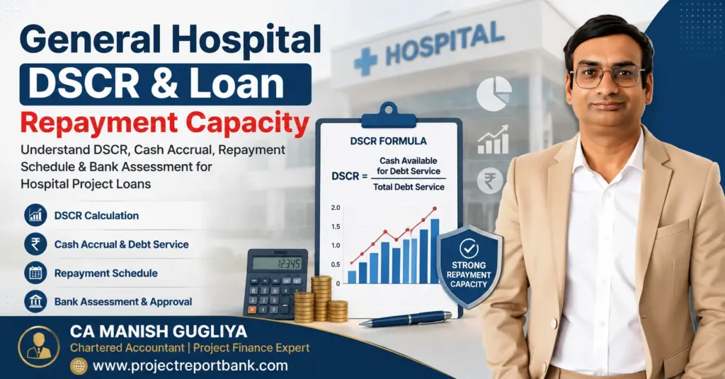 General Hospital DSCR and loan repayment capacity guide covering DSCR calculation, cash accrual, repayment schedule and bank assessment by CA Manish Gugliya.