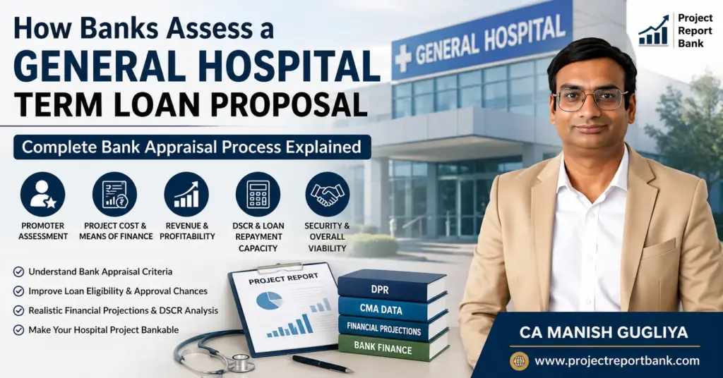 How Banks Assess a General Hospital Term Loan Proposal – bank appraisal, DSCR, project cost, repayment capacity and hospital project finance by CA Manish Gugliya.