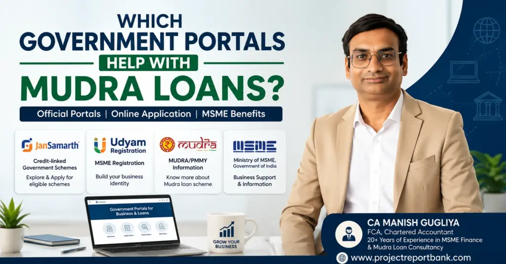 government portals mudra loans Government portals for Mudra Loans explained by CA Manish Gugliya, including JanSamarth, Udyam Registration and MSME resources.