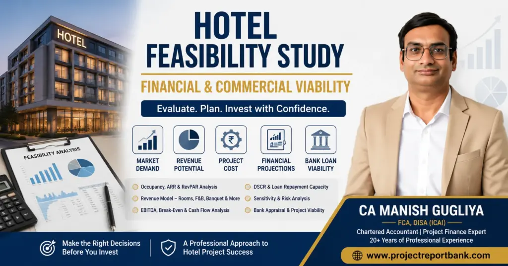 Hotel Feasibility Study for financial and commercial viability covering market demand, revenue potential, project cost, financial projections and bank loan viability by CA Manish Gugliya.