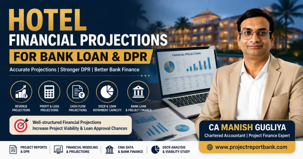 Hotel Financial Projections for Bank Loan & DPR covering revenue, profit and loss, cash flow, DSCR and project finance by CA Manish Gugliya.