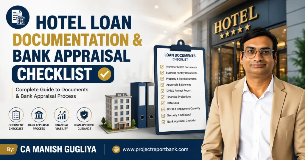 Hotel Loan Documentation and Bank Appraisal Checklist guide by CA Manish Gugliya covering DPR, CMA Data, DSCR, financial projections and loan documents.