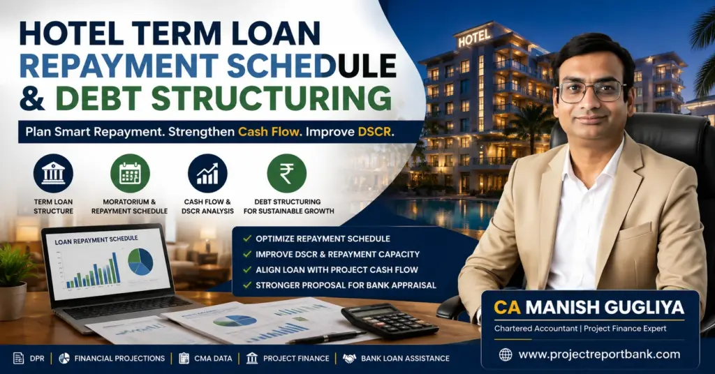 Hotel Term Loan Repayment Schedule & Debt Structuring guide by CA Manish Gugliya covering cash flow, DSCR, moratorium and bank loan repayment planning.