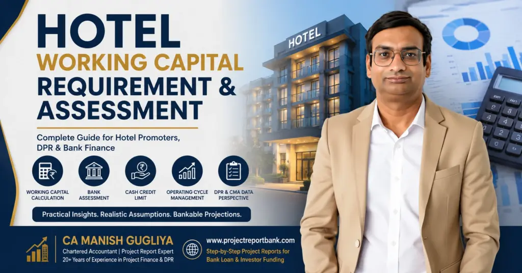Hotel Working Capital Requirement & Assessment guide by CA Manish Gugliya covering working capital calculation, bank assessment, cash credit limit and CMA Data.