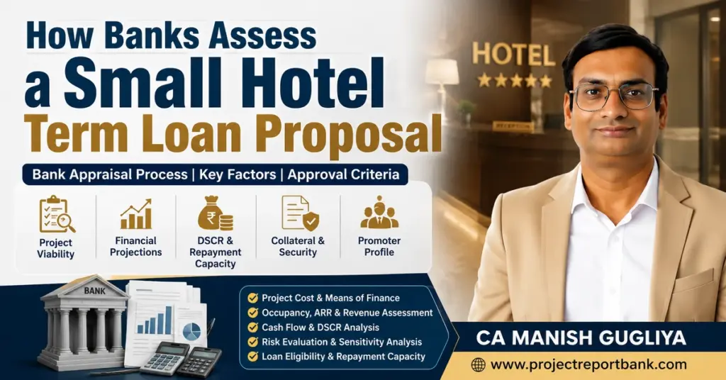 How banks assess a small hotel term loan proposal covering project viability, financial projections, DSCR, collateral, promoter profile and repayment capacity – CA Manish Gugliya.
