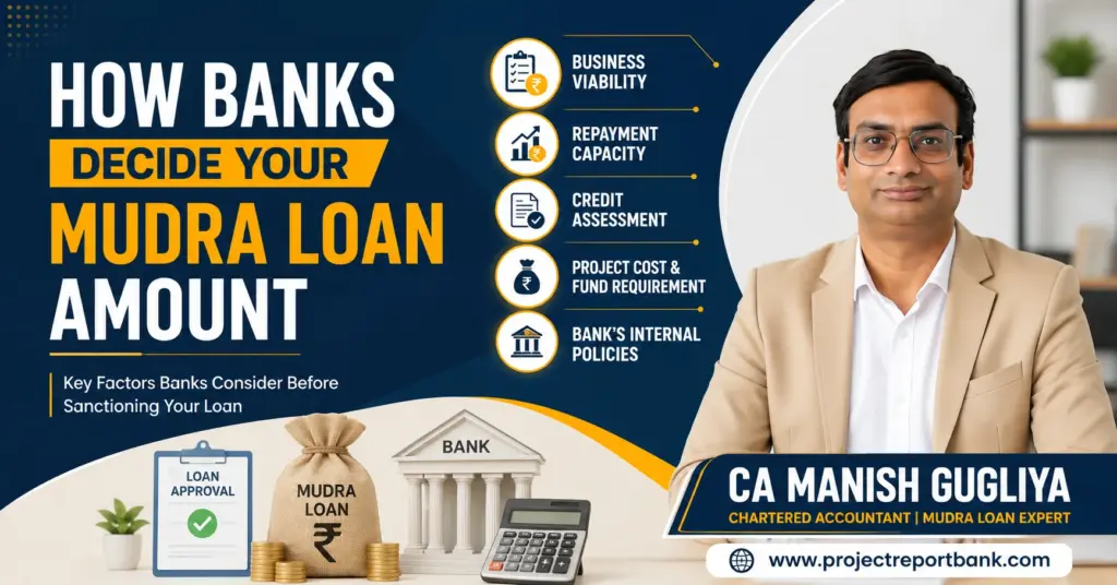 how banks decide your mudra loan amount feature image How banks decide your Mudra Loan amount explained by CA Manish Gugliya, showing key factors like business viability, repayment capacity, credit assessment, project cost, and bank policies.