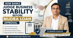How Banks Judge Business Stability Before Mudra Loan Approval – Feature image showing CA Manish Gugliya with business stability checklist, bank approval icons, and expert guidance for improving Mudra loan approval chances.