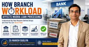 how branch workload affects mudra loan processing How branch workload affects Mudra loan processing showing pending loan files, bank branch workload, approval delays, and CA Manish Gugliya explaining the reasons behind processing delays.