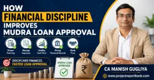 How Financial Discipline Improves Mudra Loan Approval – Feature image showing CA Manish Gugliya with icons for financial planning, expense management, healthy cash flow, strong financial records, and bank trust, highlighting the importance of financial discipline for faster Mudra loan approval.