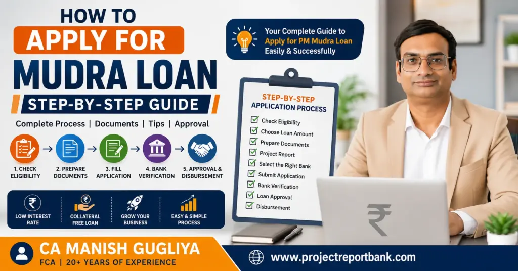 How to Apply for a Mudra Loan Step-by-Step Guide feature image showing CA Manish Gugliya with a Mudra loan application checklist, eligibility, documents, bank verification, approval process, and ProjectReportBank.com branding.