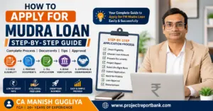 How to Apply for a Mudra Loan Step-by-Step Guide feature image showing CA Manish Gugliya with a Mudra loan application checklist, eligibility, documents, bank verification, approval process, and ProjectReportBank.com branding.