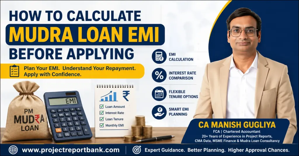 how to calculate mudra loan emi before applying How to Calculate Mudra Loan EMI Before Applying feature image with CA Manish Gugliya, EMI calculator, loan planning checklist, interest rate comparison, and ProjectReportBank.com business loan guidance.