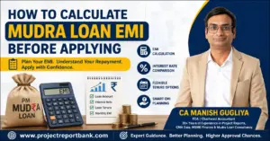How to Calculate Mudra Loan EMI Before Applying feature image with CA Manish Gugliya, EMI calculator, loan planning checklist, interest rate comparison, and ProjectReportBank.com business loan guidance.