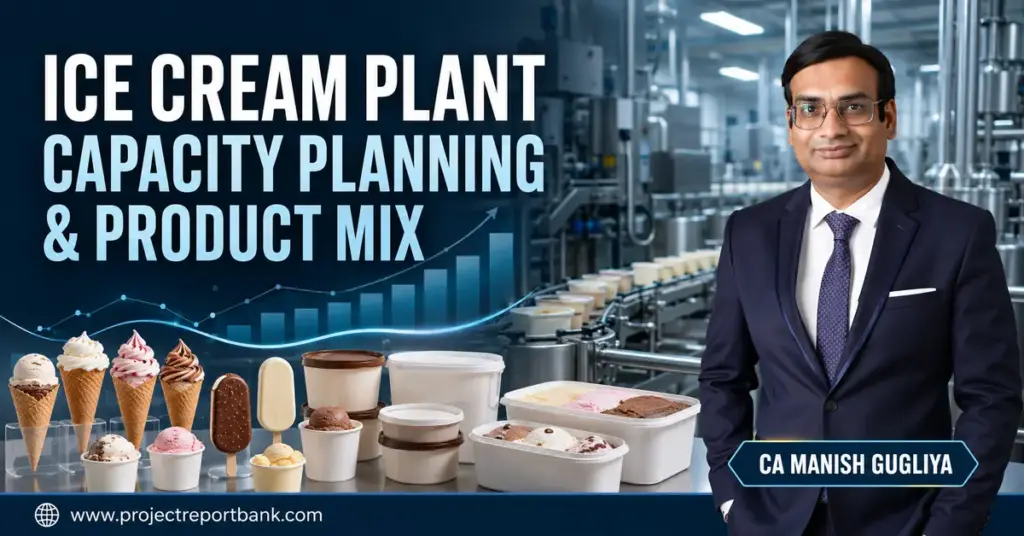 Industrial ice cream plant capacity planning and product mix featuring production machinery, ice cream formats and CA Manish Gugliya.
