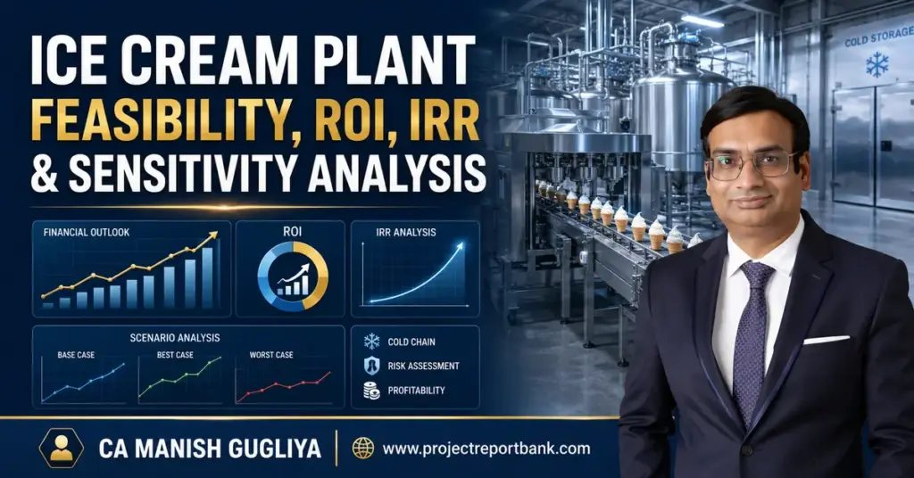Ice cream plant feasibility, ROI, IRR and sensitivity analysis by CA Manish Gugliya, featuring an industrial production line and financial charts.