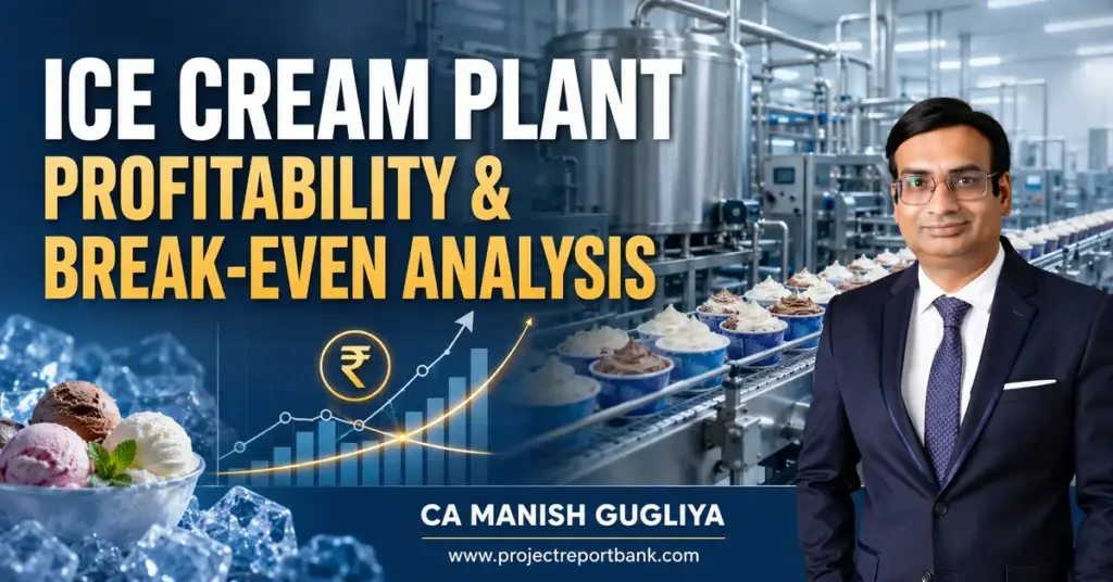 CA Manish Gugliya with an industrial ice cream production line illustrating ice cream plant profitability and break-even analysis.