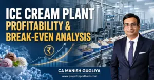 ice cream plant profitability break even analysis CA Manish Gugliya with an industrial ice cream production line illustrating ice cream plant profitability and break-even analysis.