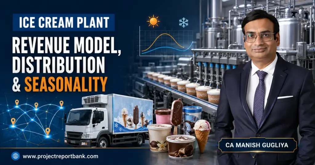 CA Manish Gugliya with an industrial ice cream plant, refrigerated distribution truck and seasonal demand graph illustrating the revenue model, distribution network and seasonality.