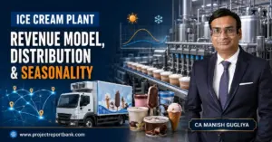 ice cream revenue model distribution seasonality CA Manish Gugliya with an industrial ice cream plant, refrigerated distribution truck and seasonal demand graph illustrating the revenue model, distribution network and seasonality.