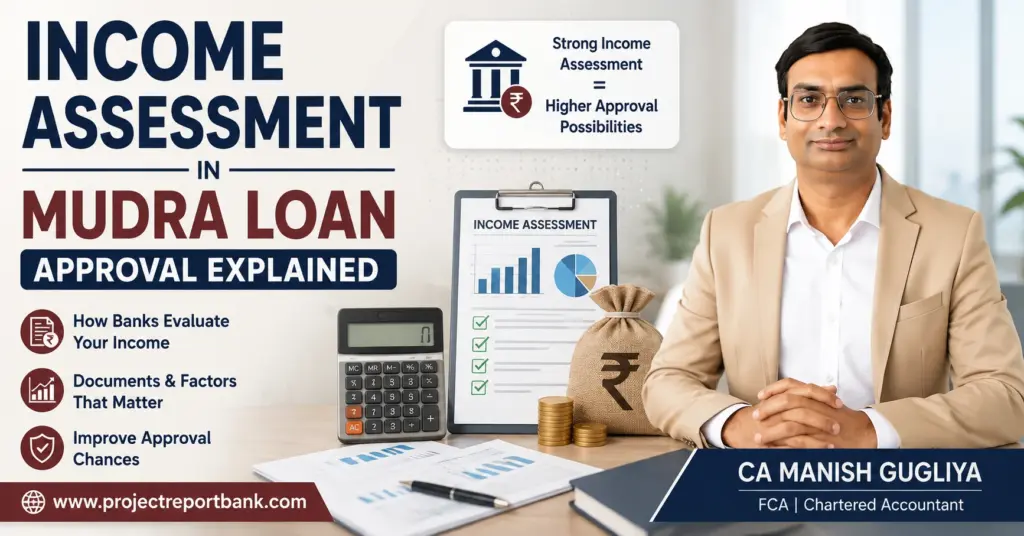 Income Assessment in Mudra Loan Approval Explained feature image with CA Manish Gugliya, illustrating how banks evaluate applicant income, financial documents, and repayment capacity for Mudra Loan approval, alongside www.projectreportbank.com branding.