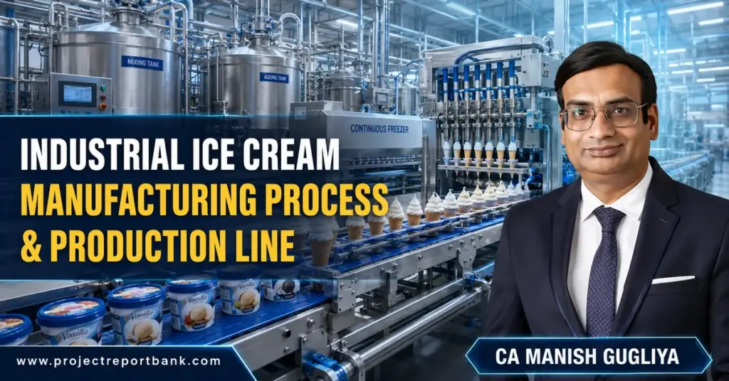 Industrial ice cream manufacturing process and automatic production line featuring CA Manish Gugliya.