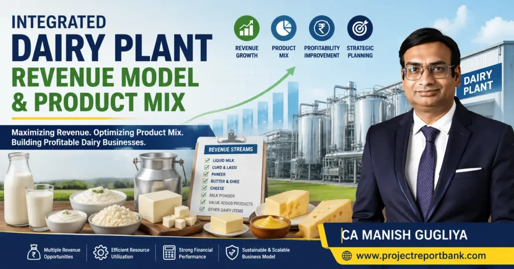 Integrated dairy plant revenue model and product mix showing dairy processing facility, milk products, revenue streams and CA Manish Gugliya.
