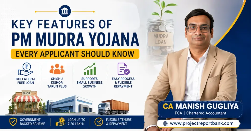 key features pm mudra yojana feature image Key Features of PM Mudra Yojana feature image showing CA Manish Gugliya explaining collateral-free Mudra Loan, Shishu, Kishor, Tarun Plus categories, business growth benefits, and flexible repayment options for entrepreneurs.
